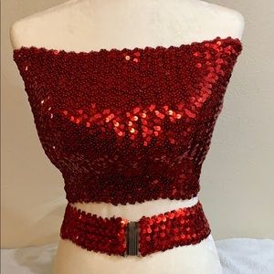 Red sequins tube top with matching belt